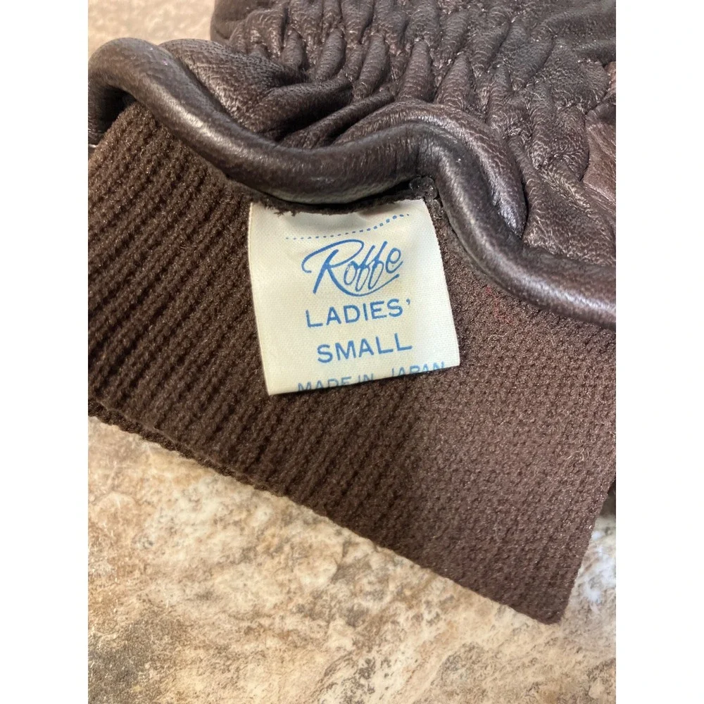 Roffe Vintage Brown Leather Ski Gloves Ladies Small Japan Made Knit Cuff Retro
